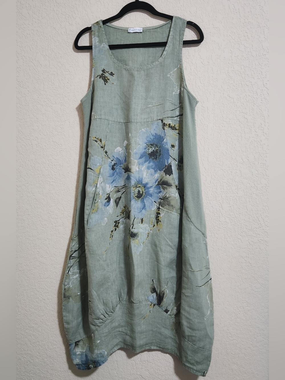 TLL Light Green Floral Linen Baloon Dress with Blue Flowers